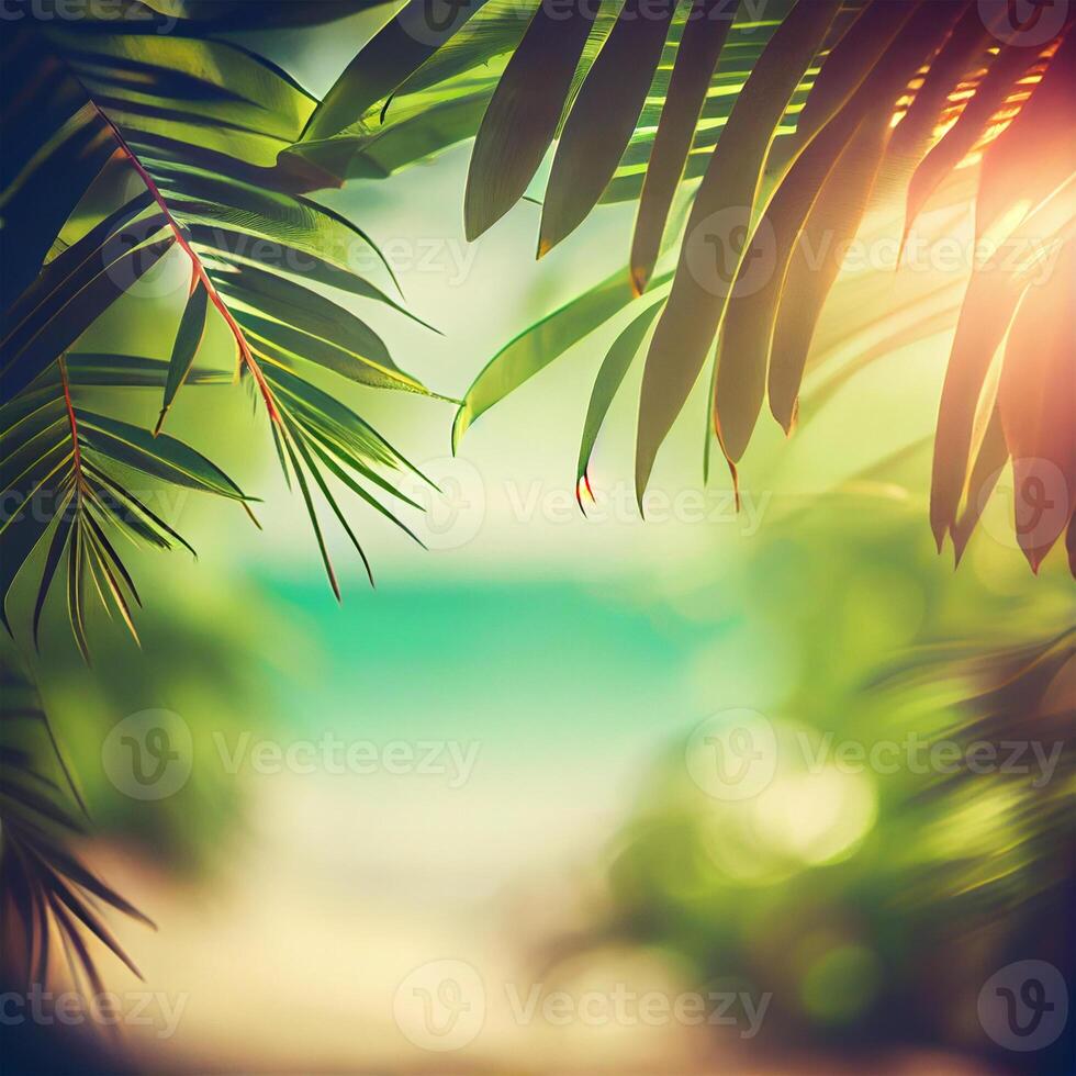 Blur beautiful nature green palm leaf on tropical beach with bokeh sun light flare wave abstract background. Summer vacation and business travel concept space - AI generated image photo