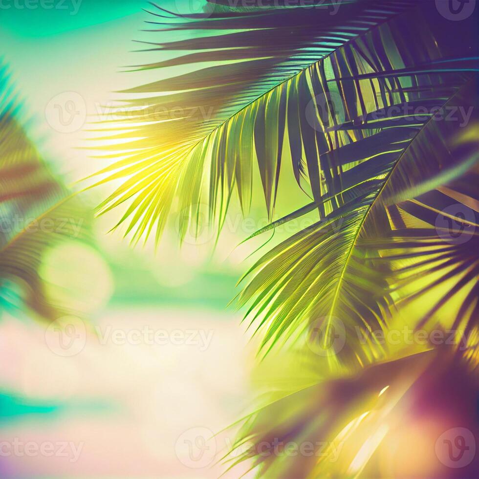 Blur beautiful nature green palm leaf on tropical beach with bokeh sun light flare wave abstract background. Summer vacation and business travel concept space - AI generated image photo