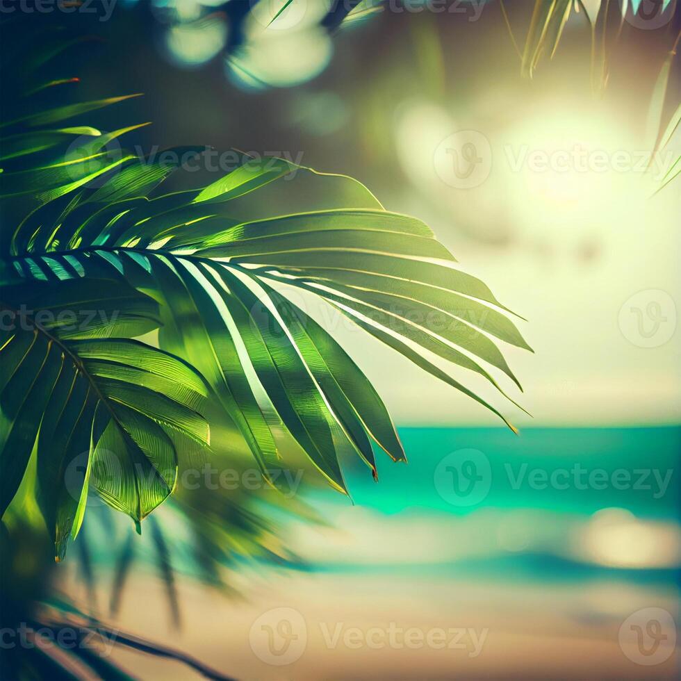 Blur beautiful nature green palm leaf on tropical beach with bokeh sun light flare wave abstract background. Summer vacation and business travel concept space - image photo