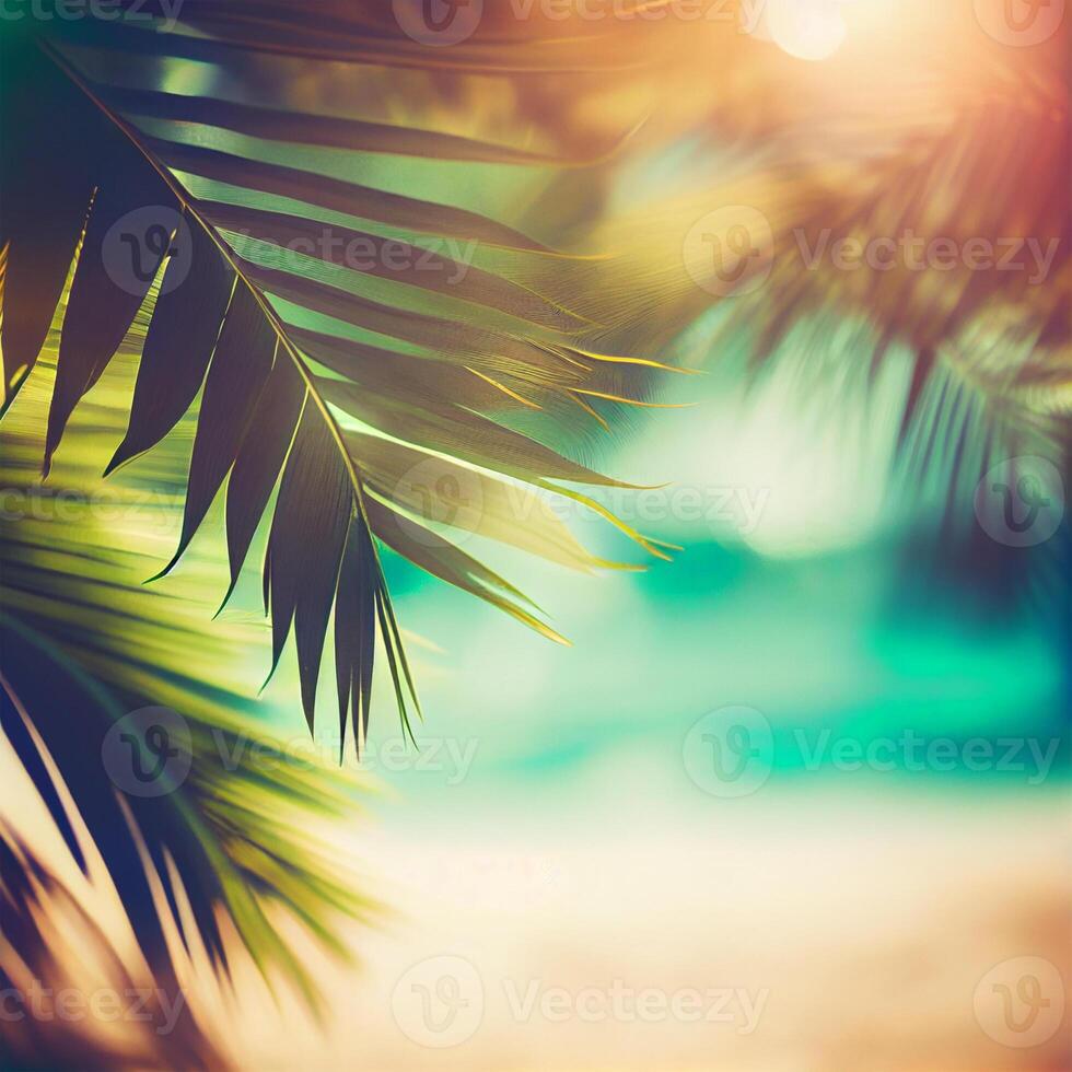 Blur beautiful nature green palm leaf on tropical beach with bokeh sun light flare wave abstract background. Summer vacation and business travel concept space - image photo