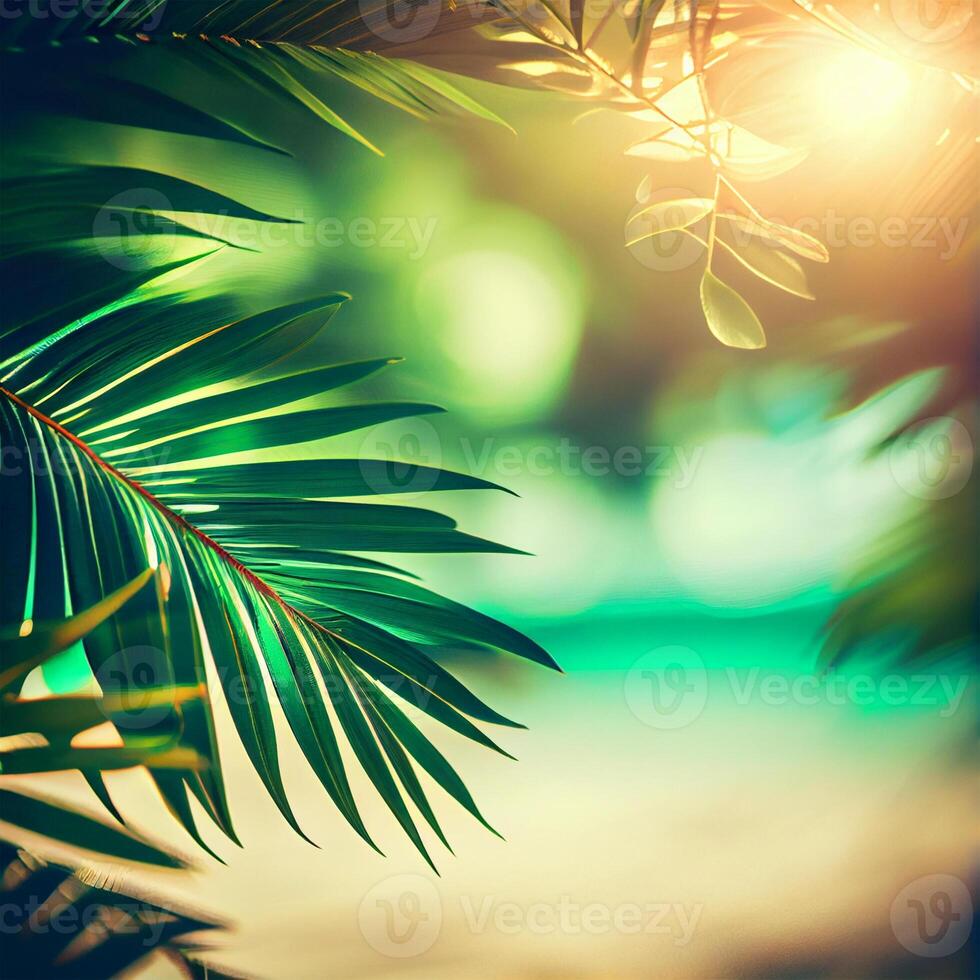 Blur beautiful nature green palm leaf on tropical beach with bokeh sun light flare wave abstract background. Summer vacation and business travel concept space - image photo