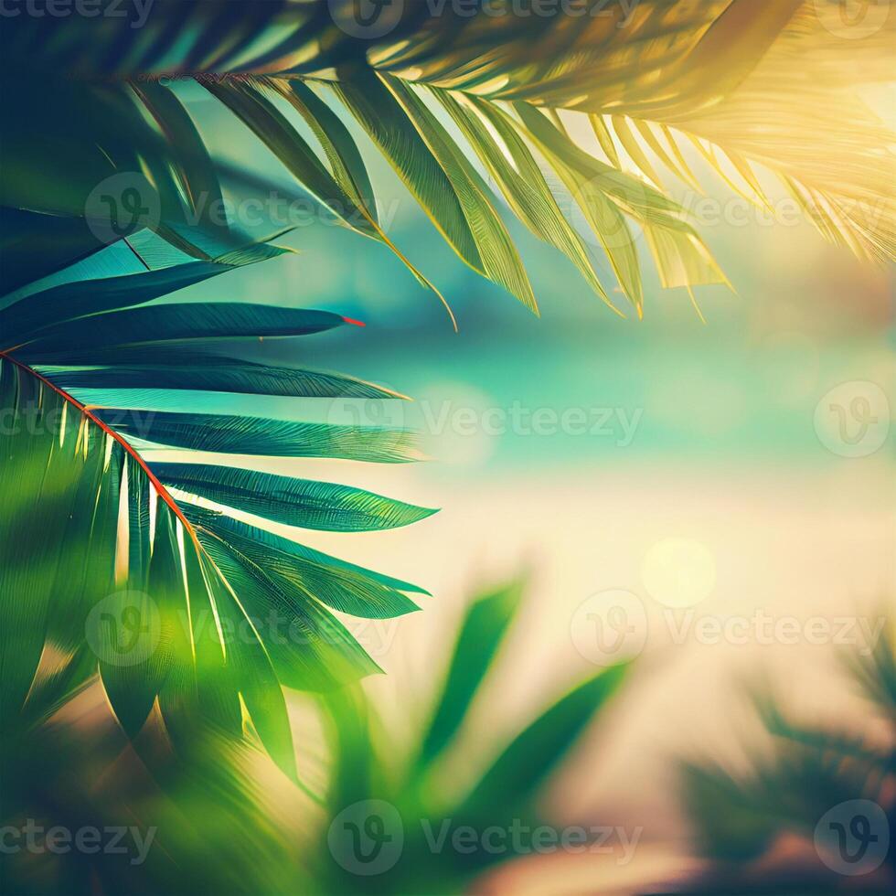 Blur beautiful nature green palm leaf on tropical beach with bokeh sun light flare wave abstract background. Summer vacation and business travel concept space - image photo