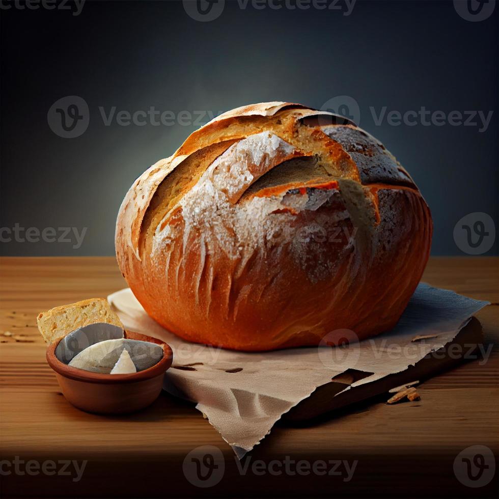 Homemade fresh sourdough bread, dark background - AI generated image photo