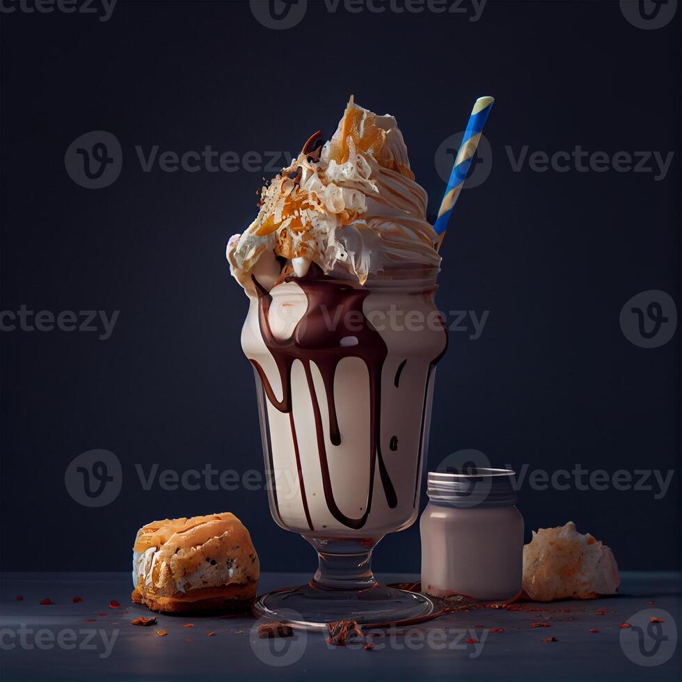 Stylish beautiful fruity milkshake, chocolate drop splashes - image photo