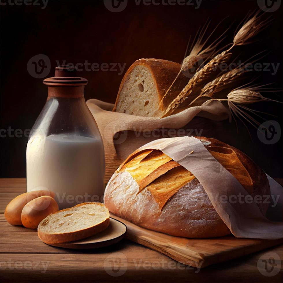 hecho en casa Fresco de masa fermentada pan, oscuro antecedentes - ai generado imagen foto
