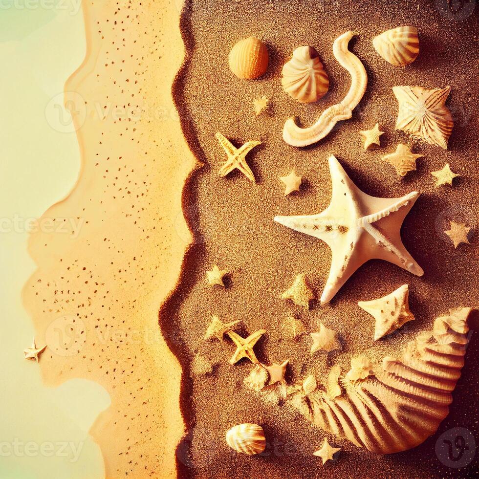 Seashells background on sand - image photo