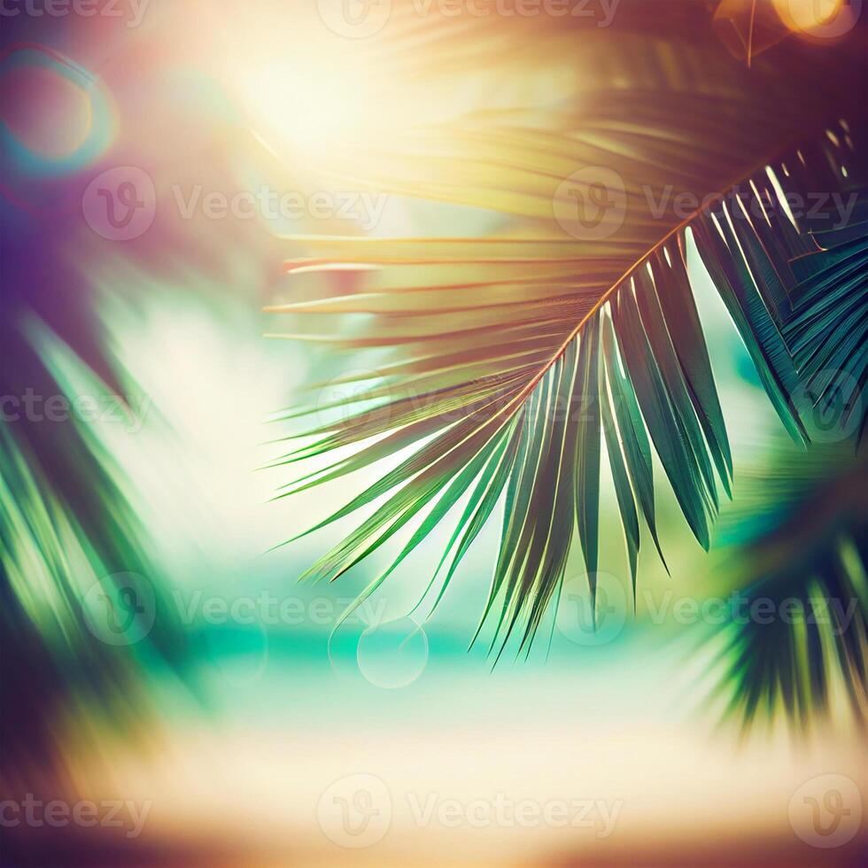 Blur beautiful nature green palm leaf on tropical beach with bokeh sun light flare wave abstract background. Summer vacation and business travel concept space - image photo