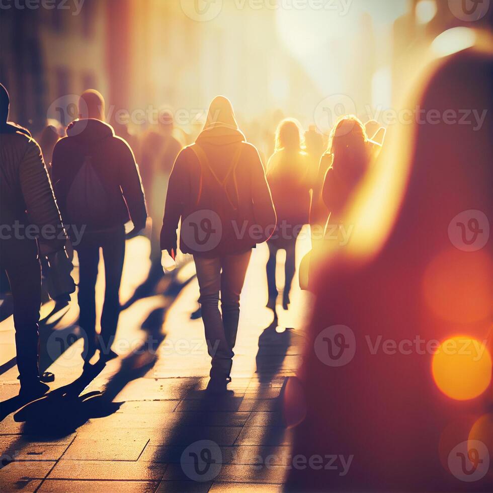 Crowd of people walking from work, sunset blurred bokeh background - image photo