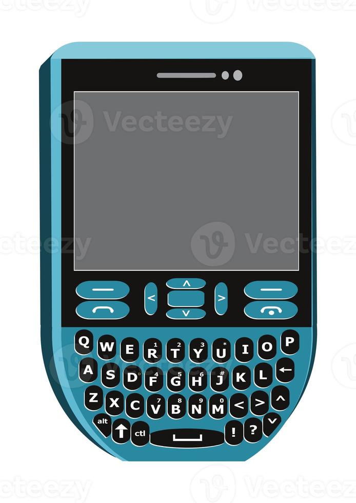 Qwerty keypad mobile phone, vector clip art. Isolated sky blue cellphone icon on white background. photo