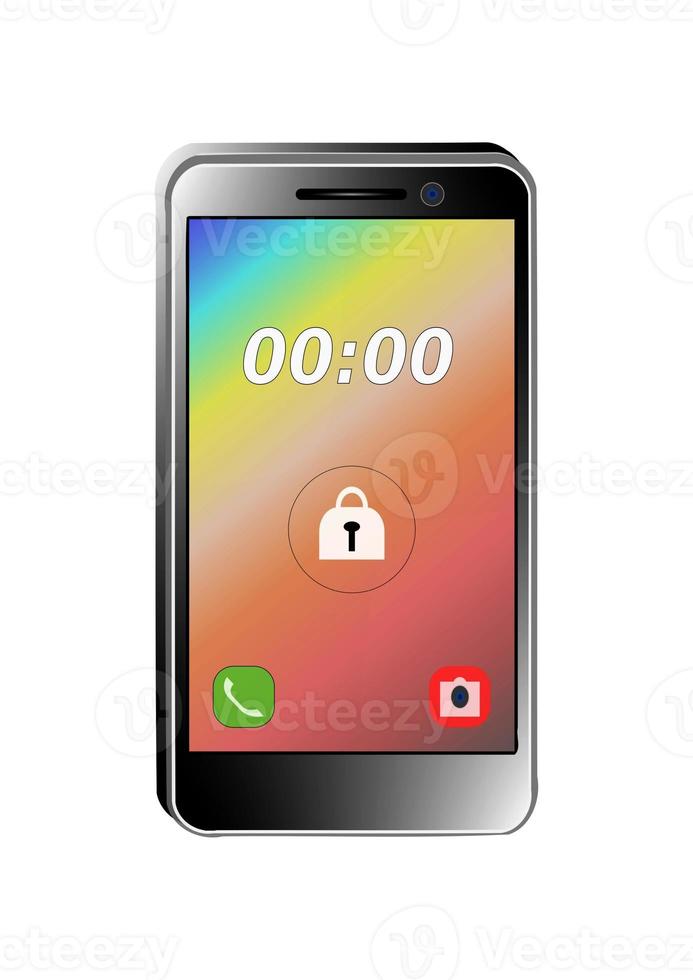 Realistic black smartphone illustration having a rainbow color display. Isolated mobile clip art on white background photo