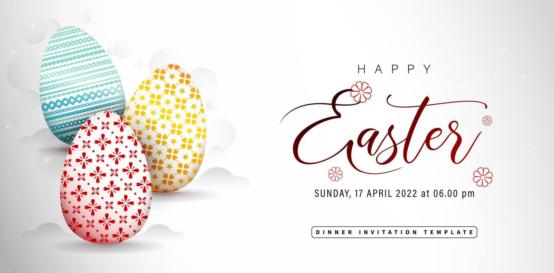 Happy Easter greeting card with three colorful eggs, applicable for website banner, corporate sign, greeting cards, invitation template, social media posts, ads campaign, Instagram feeds, advertising vector