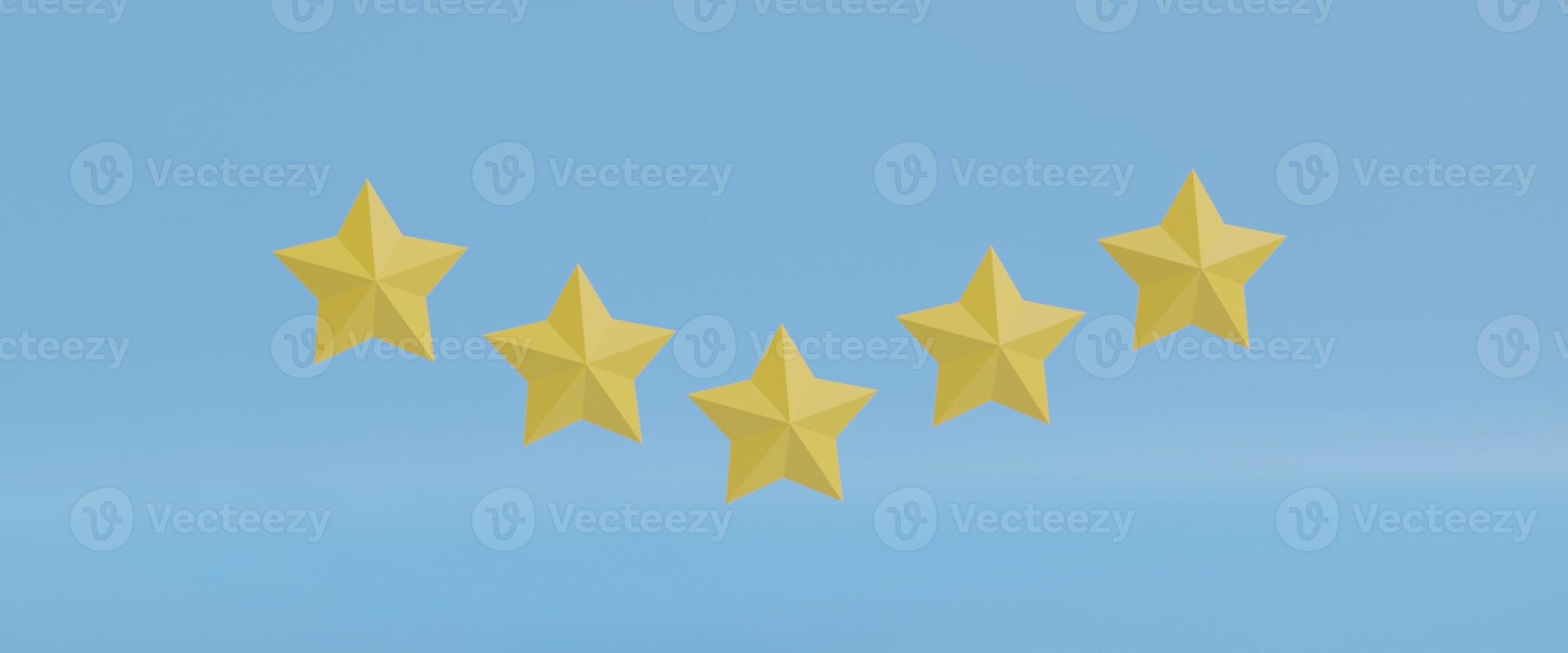 five yellow stars. Customer rating feedback concept from client about employees of the website. Realistic 3d design. For mobile applications. photo