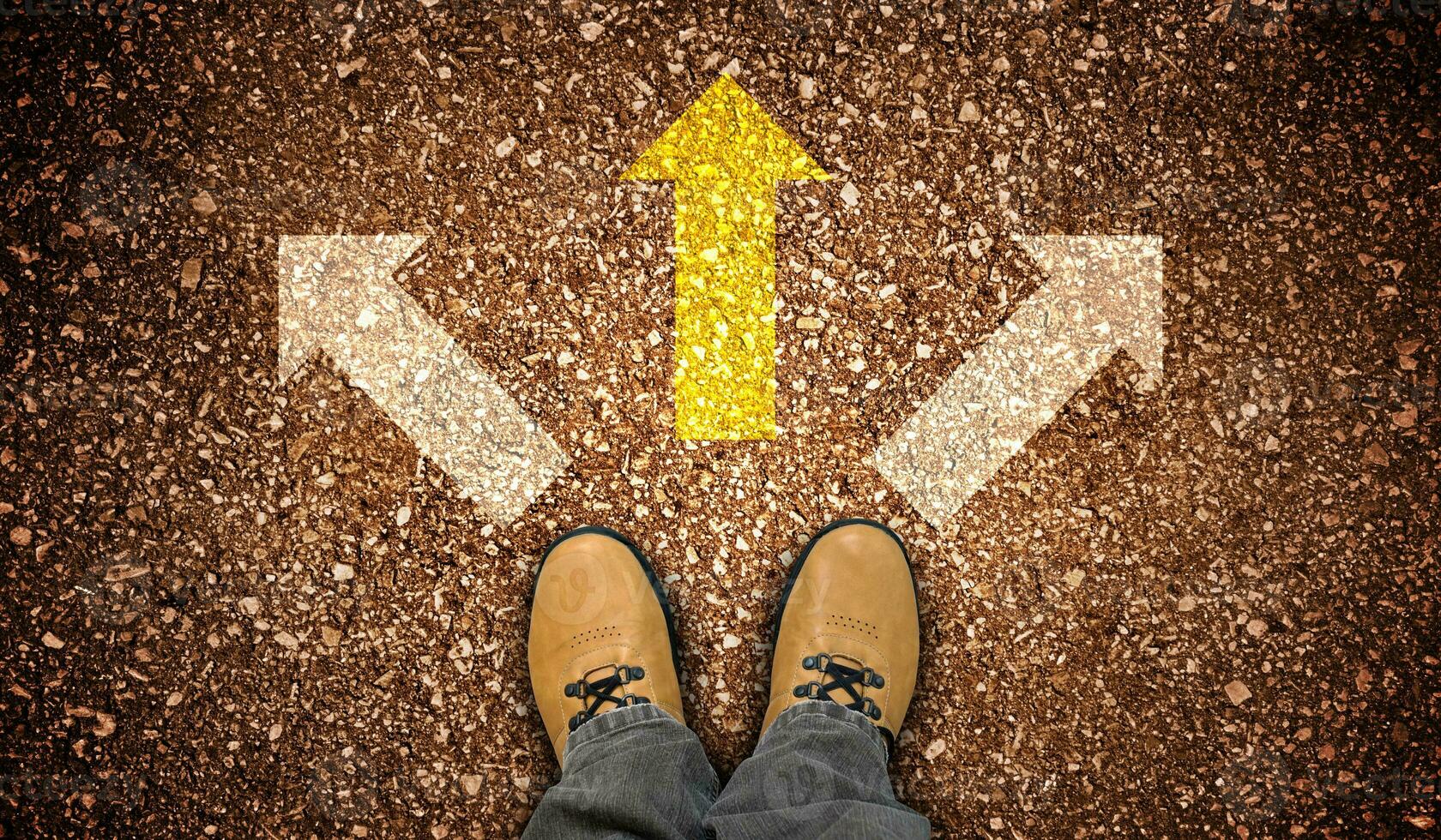 Yellow Leather Shoes and Three Chalky Arrows on Ground - Decision Concept photo