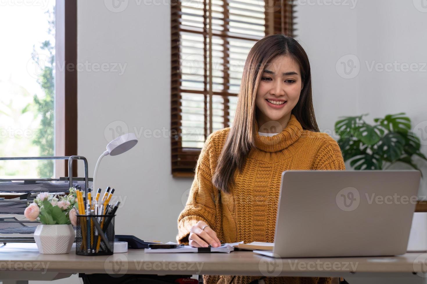 Asian girl student online learning class study online video call zoom teacher, Happy asian girl learn english language online with computer laptop. photo
