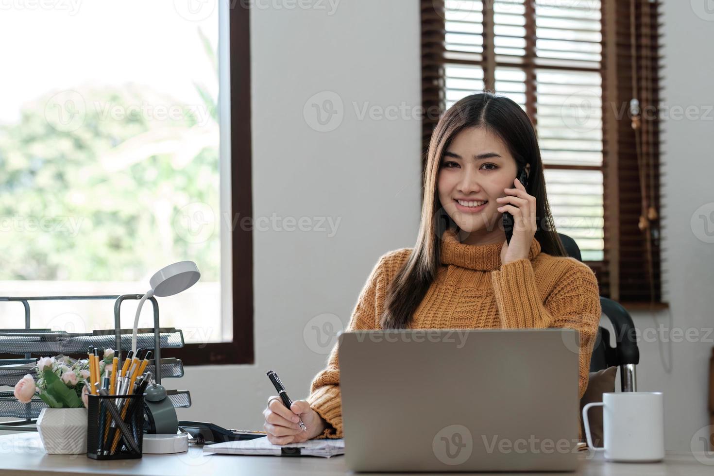 Asian girl student online learning class study online video call zoom teacher, Happy asian girl learn english language online with computer laptop. photo