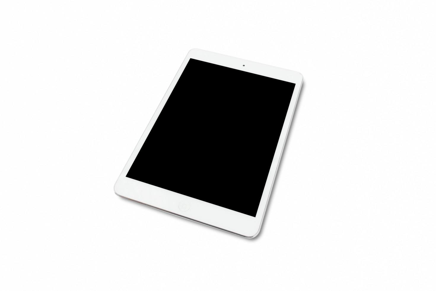 Concept for advertisement and brochure. A tablet with black screen isolated on white background. photo