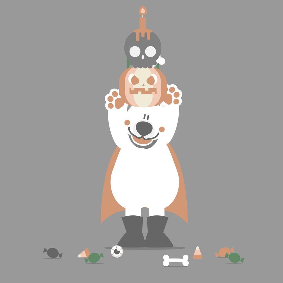 happy halloween with polar bear, skull, pumpkin and sweet candy, flat vector illustration cartoon character design