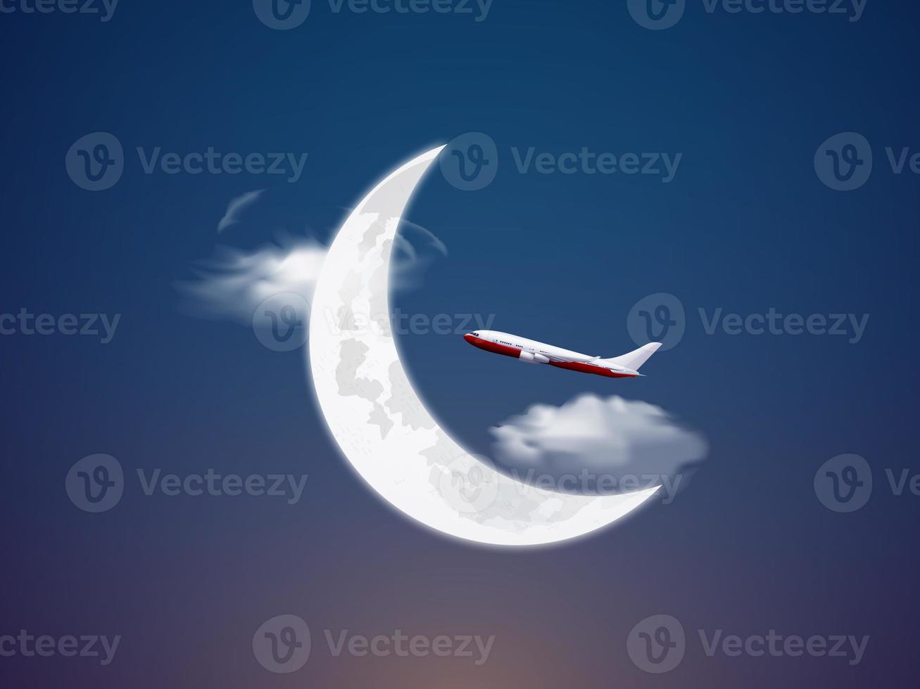 Photo moon with aeroplane happy ramadan happy eid concept. muslim holy month ramadan kareem