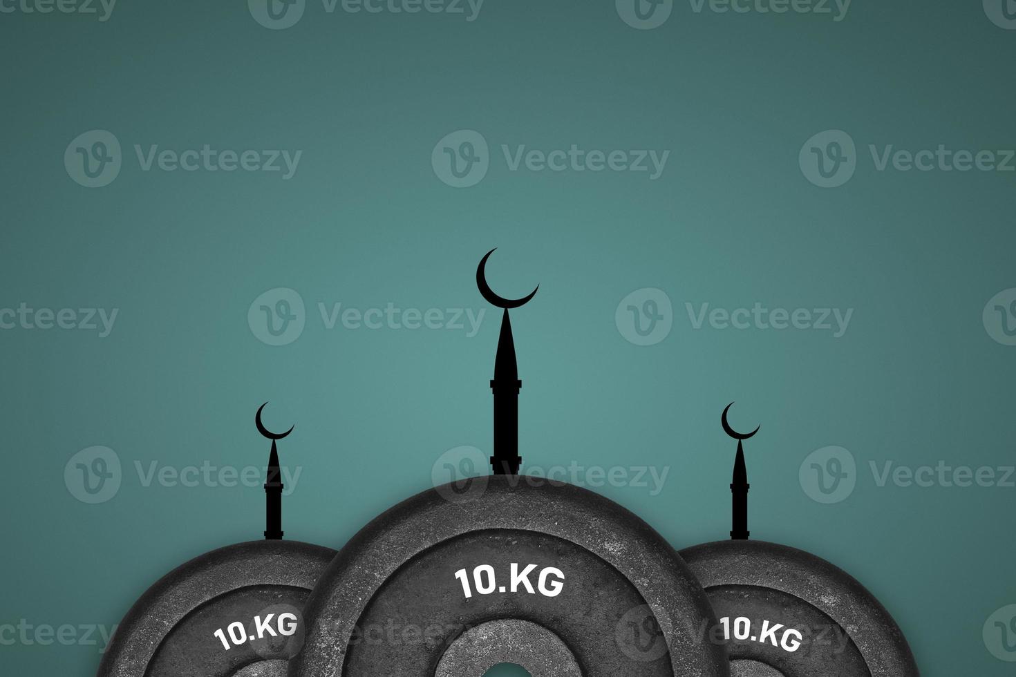 Gym weight plate mosque happy ramadan, happy eid, islamic design, islamic moon, ramadan greeting and ramadan mubarak art. photo