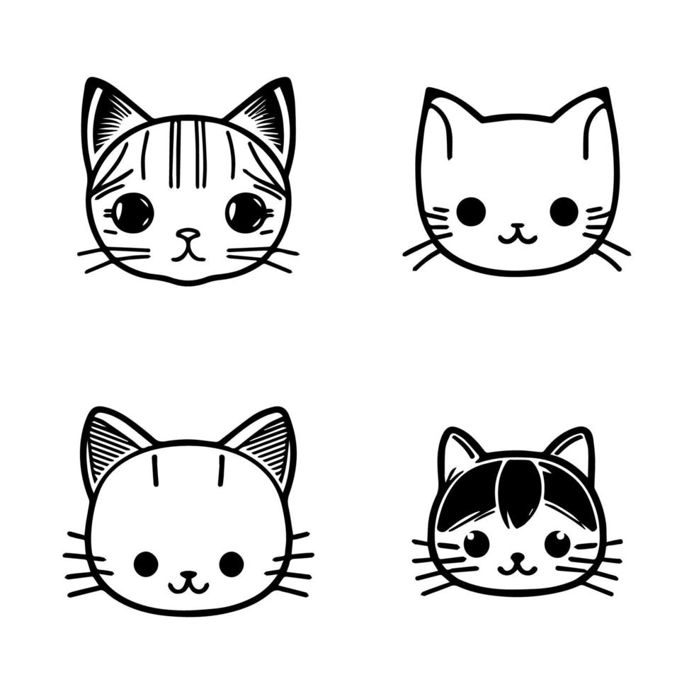 adorable felino amigos. esta linda anime gato cabeza colección conjunto caracteristicas mano dibujado línea Arte ilustraciones Perfecto para gato amantes vector