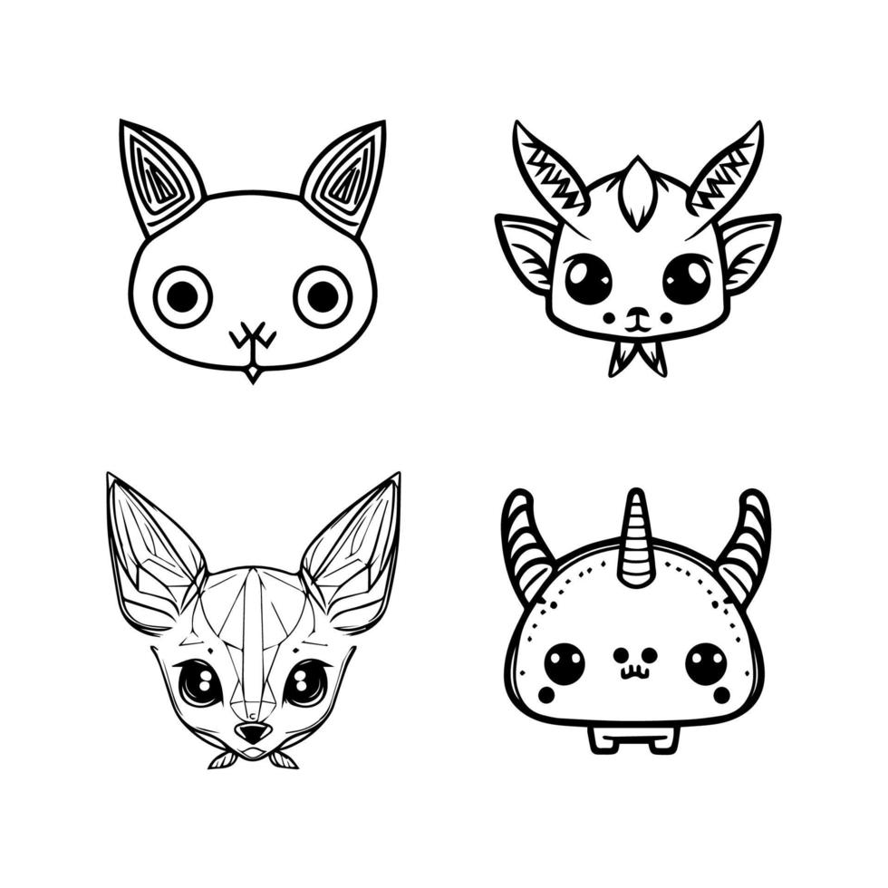 A collection of cute kawaii mythical creatures as animal logos, featuring unicorns, dragons, phoenixes, and more in Hand drawn line art style vector