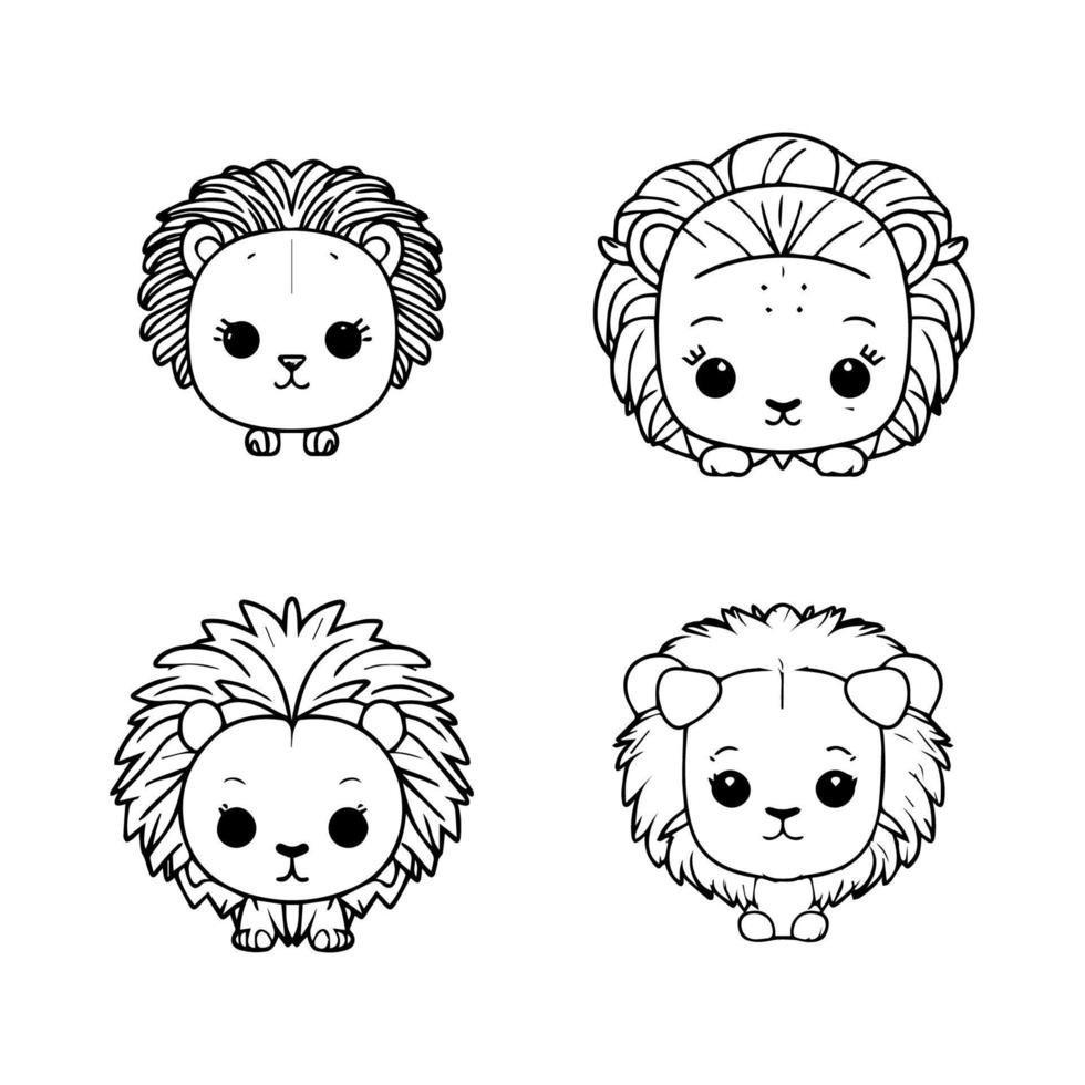 Adorable anime lion head collection set, with cute and detailed Hand drawn illustrations in line art style. Perfect for kids' products and designs vector