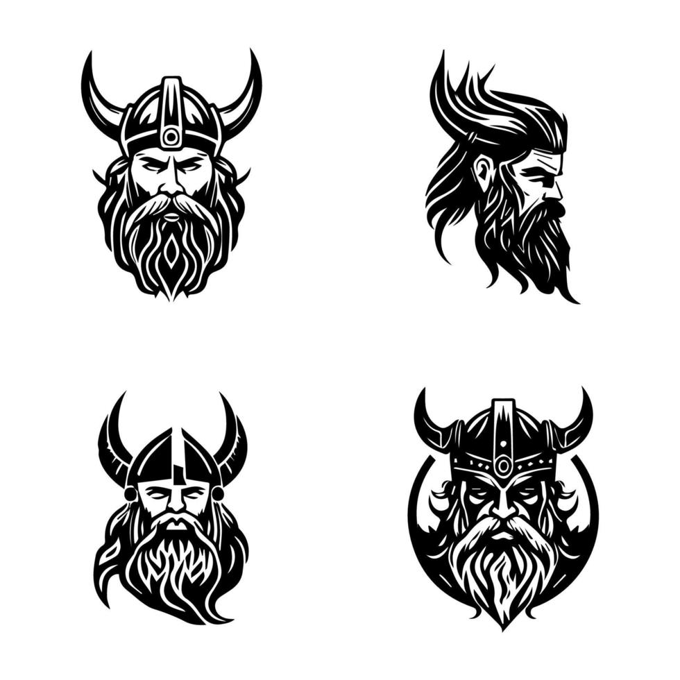 Explore the fierce and fearless spirit of ancient Scandinavia with this Viking head logo silhouette collection set, Hand drawn for a unique touch vector