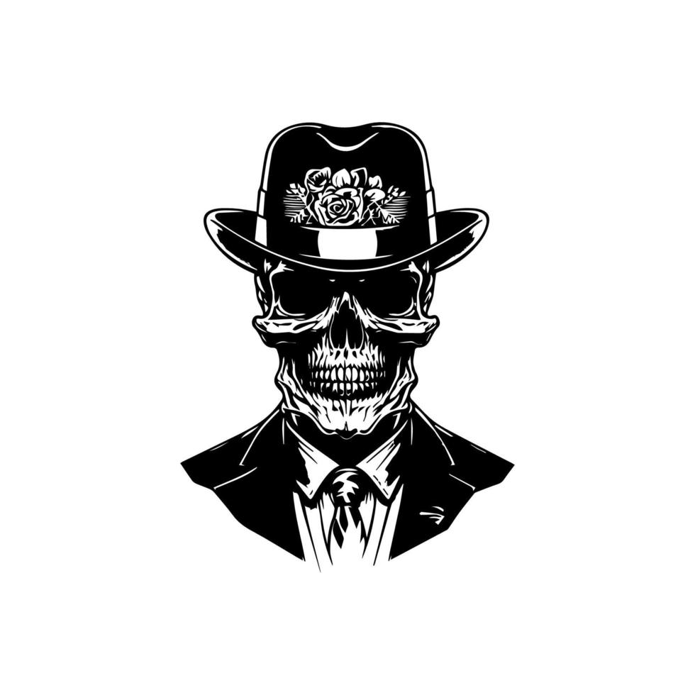 A sophisticated and stylish skull wearing a suit and hat in a Hand drawn illustration with a touch of elegance and personality vector