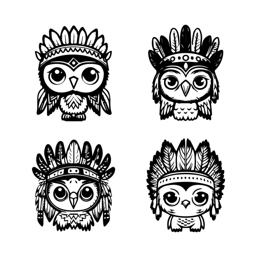 cute kawaii owl wearing indian chief accessories collection set hand drawn illustration vector