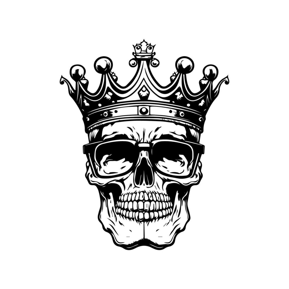 A collection of Hand drawn, black and white line art illustrations featuring a smiling skull wearing a regal crown vector