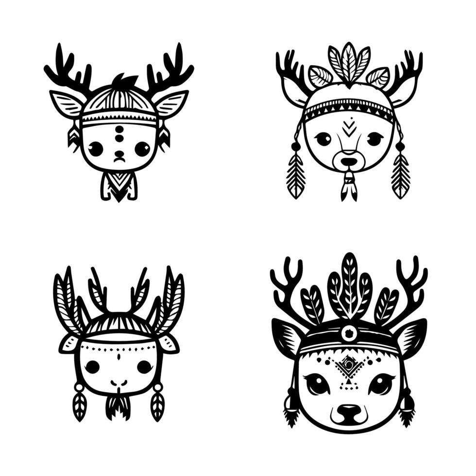 un linda kawaii ciervo cabeza logo colección colocar, adornado con indio jefe accesorios. mano dibujado con amor y intrincado detalles vector