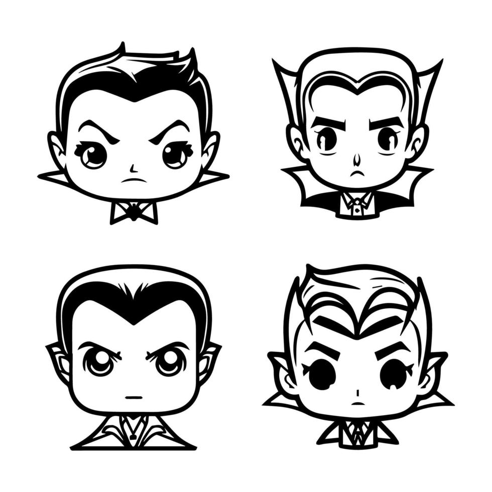 Charming and playful collection of Hand drawn line art illustrations featuring cute Dracula heads, perfect for Halloween or any occasion vector