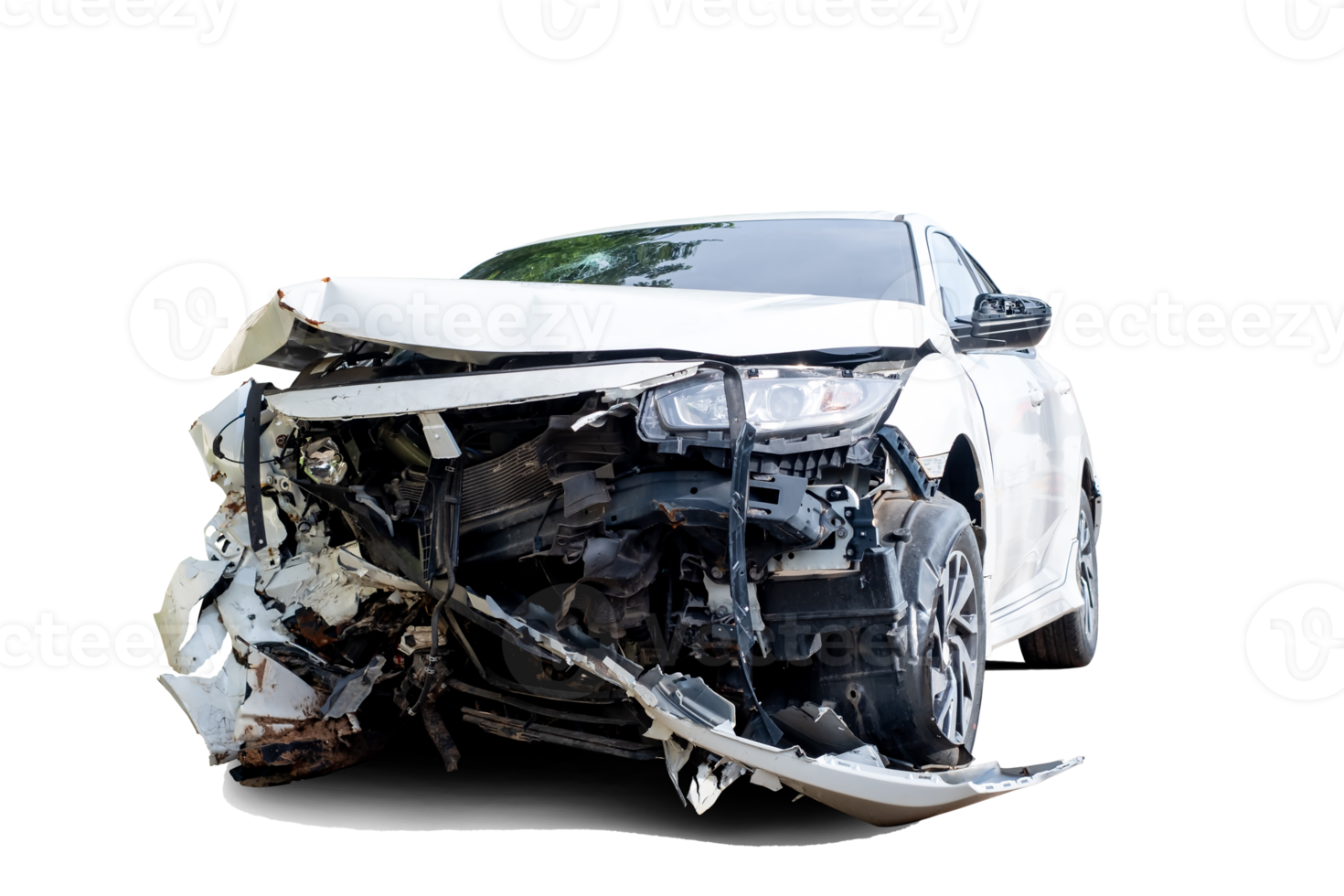 Front of white car get damaged by accident on the road. damaged cars after collision. Isolated on transparent background with clipping path png
