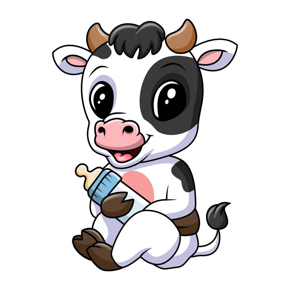 Cute baby cow with milk bottle vector