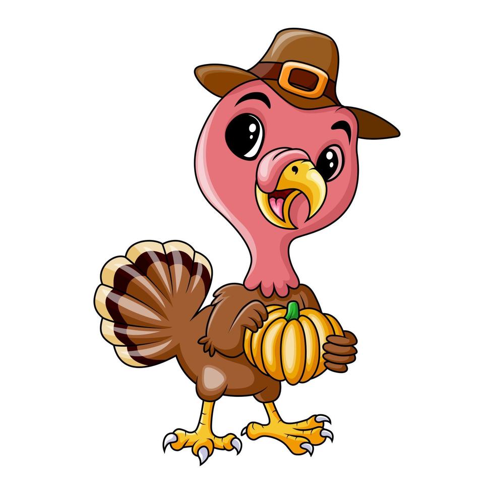 Cute turkey holding huge pumpkin vector