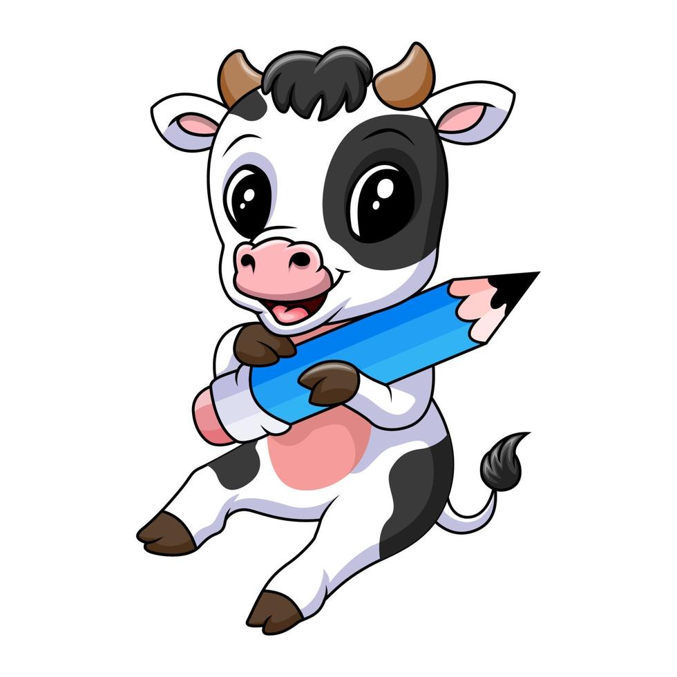 Cute baby cow holding pencil vector