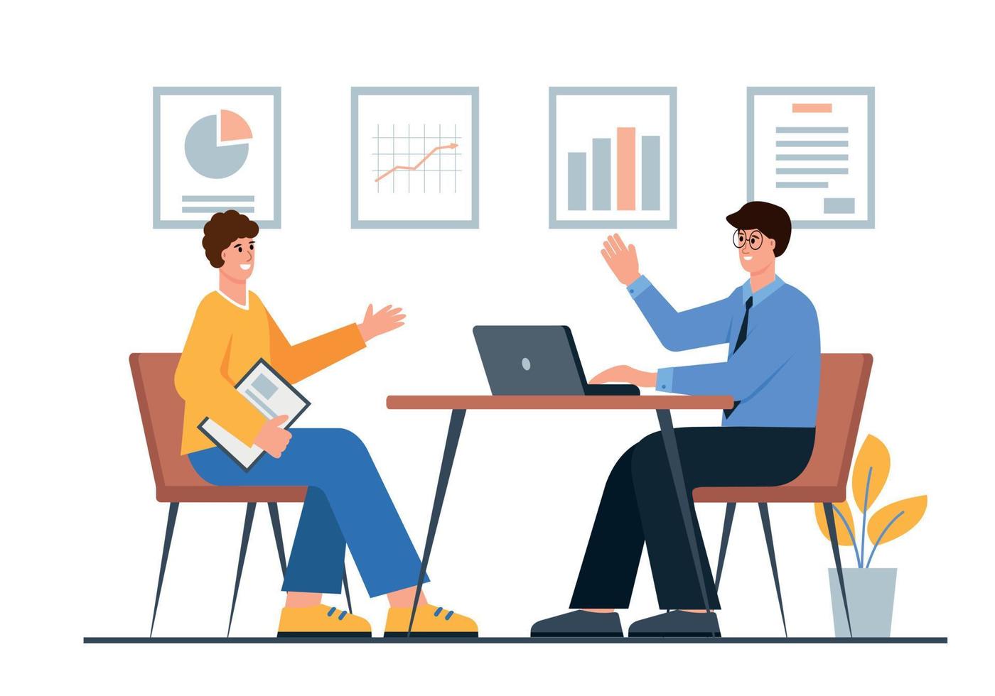 Business negotiations or Job interview. Two businessmen partners made deal at meeting in office. Partnership, agreement, hiring or recruiting concept. Flat vector illustration.