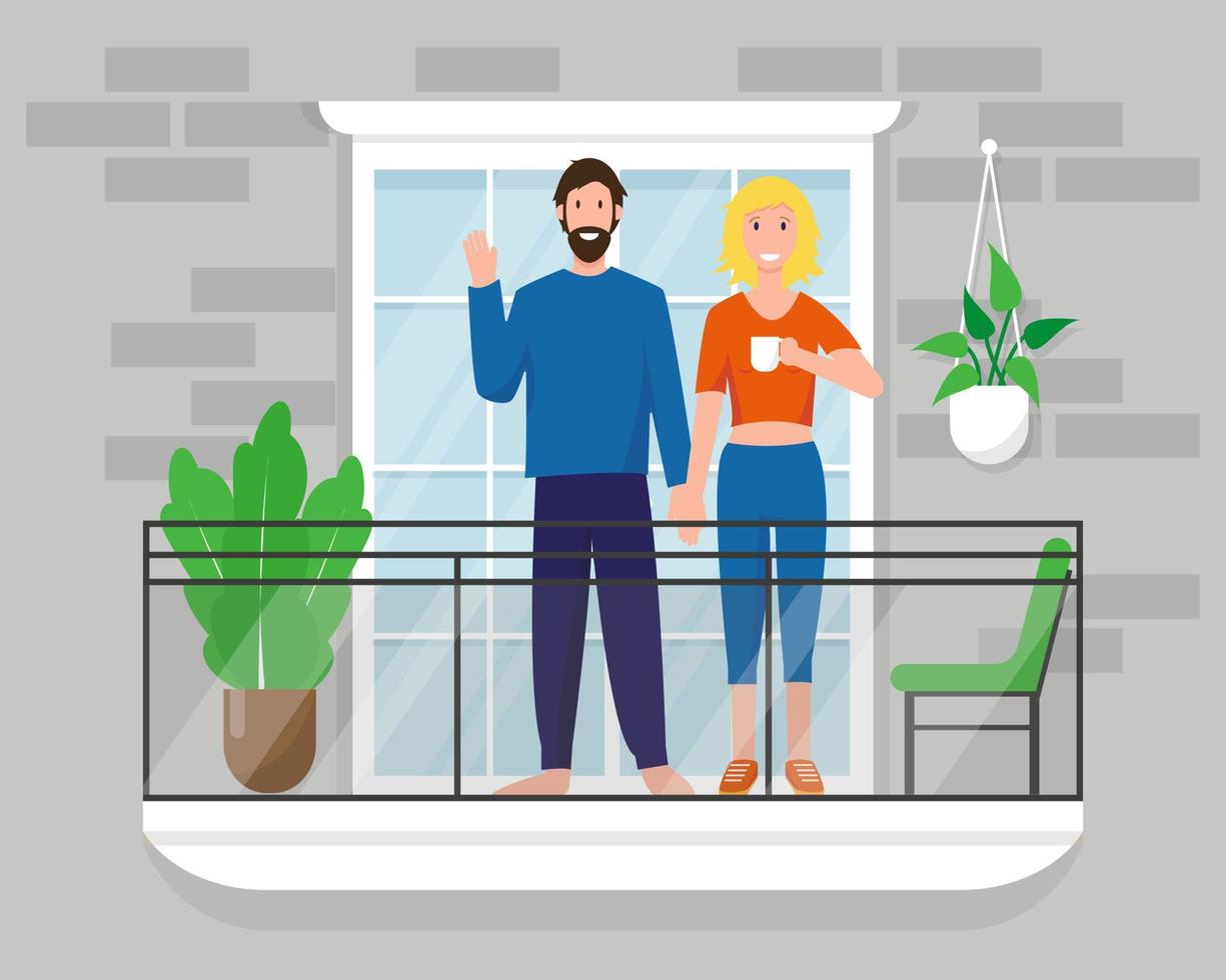 Man and woman on the balcony with chair and plants. Coronavirus quarantine preventive measures. Stay at home concept vector illustration.