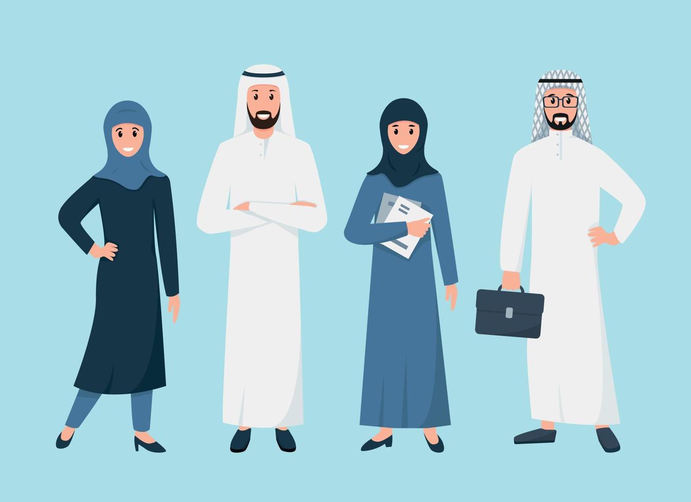 Arab businessmen and businesswomen standing in traditional islamic clothes. Group of arabic people characters for business concept. Flat vector illustration on blue background.