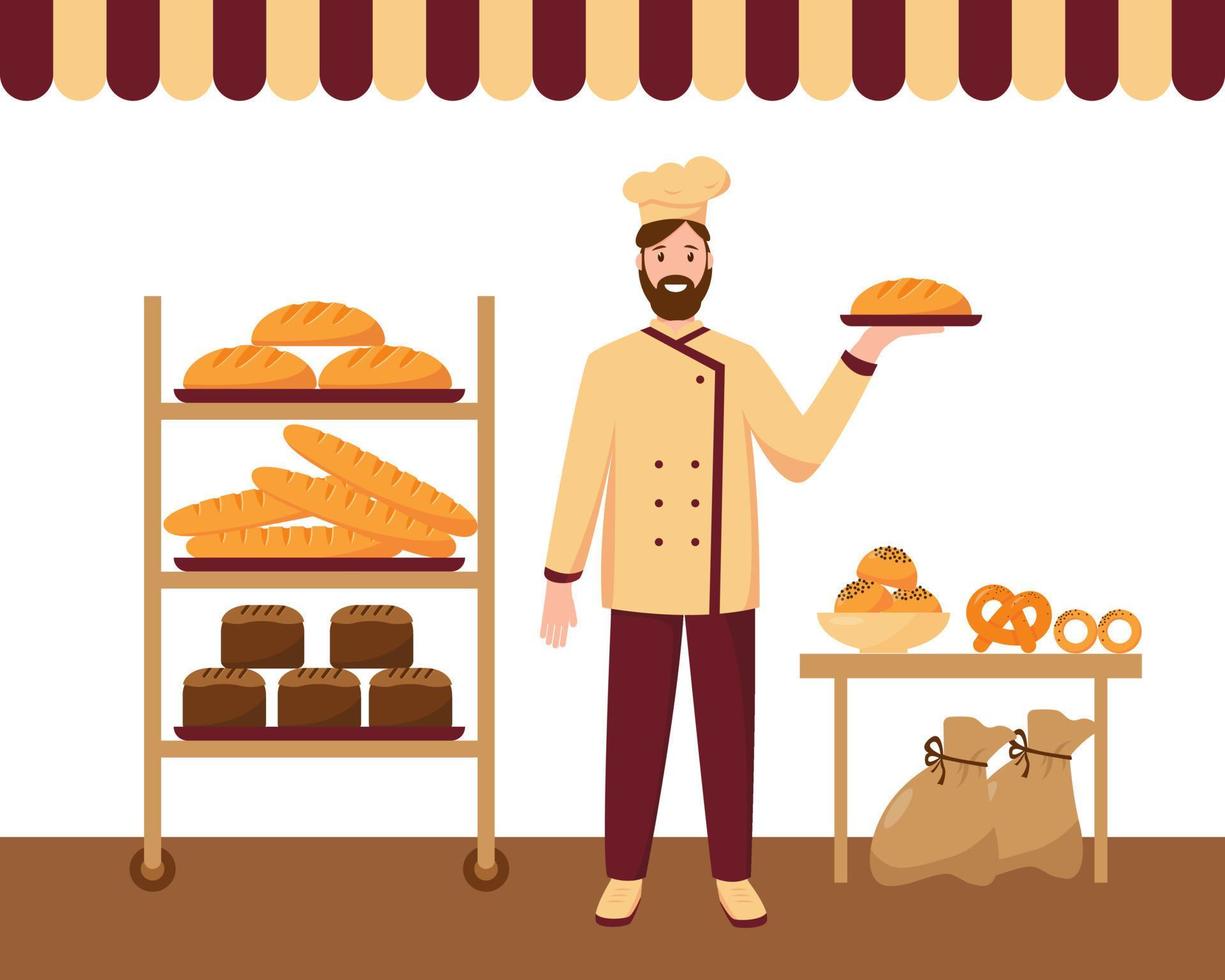 Baker man in the bakary shop baked fresh bread, pies, buns and baguette on shelfs. Vector illustrations on white background.