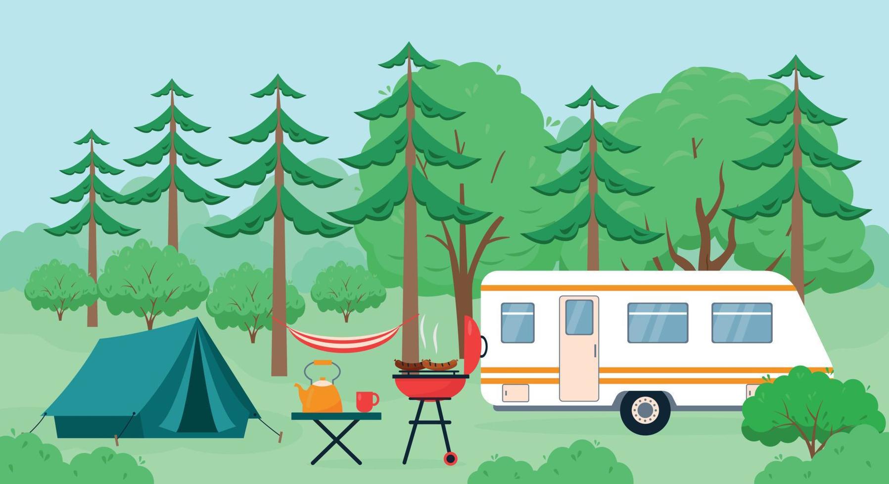 Summer or spring landscape with forest, hammock, camping tents and trailer. Tourist Camping concept. Vector banner or poster illustration.