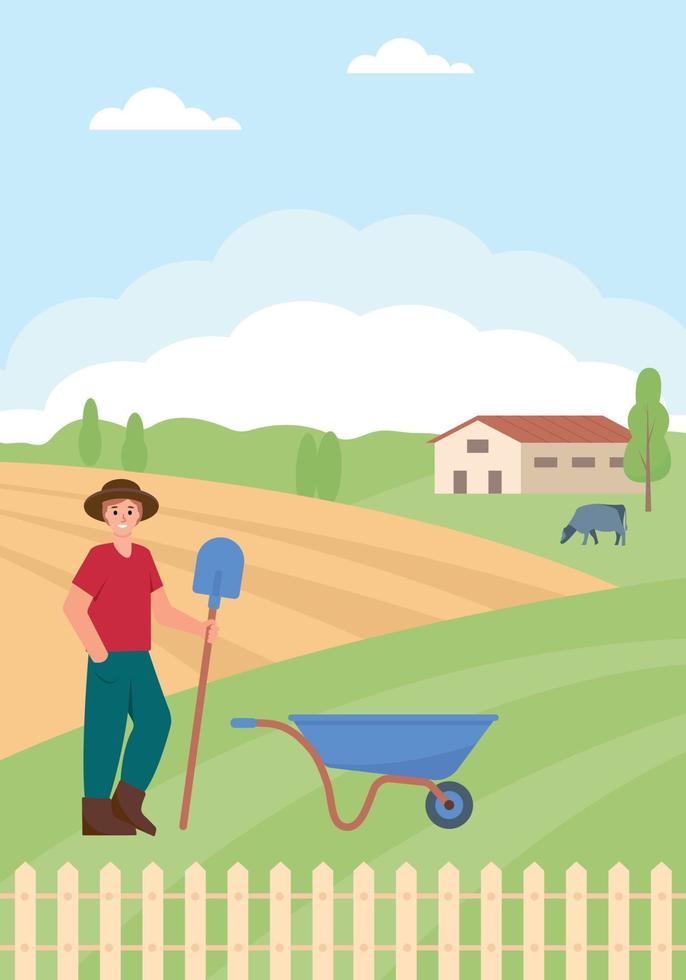 joven contento granjero con trabajo herramientas en tierras de cultivo granja, campos y colinas paisaje. agrícola trabajo negocios o cosecha. plano o dibujos animados bannerl vector ilustración.