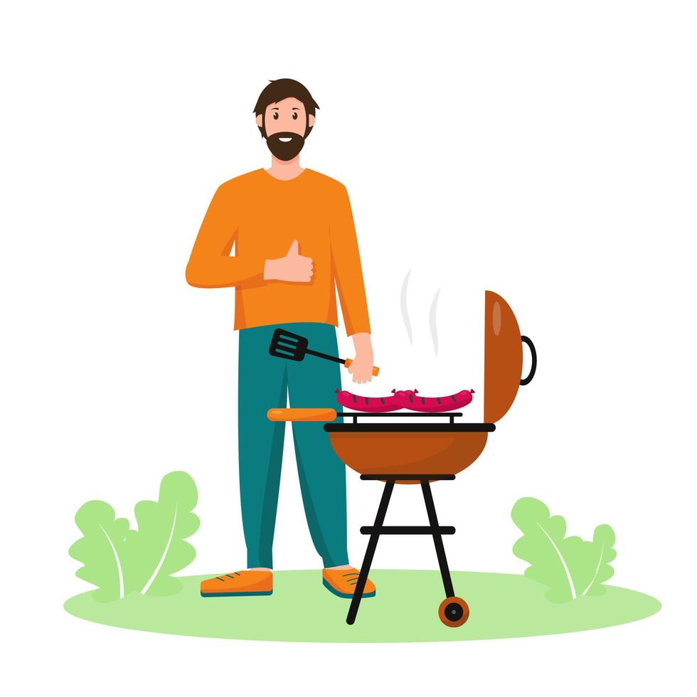 hombre y parilla parrilla con salchichas en jardín o en parque. primavera o verano picnic concepto, bandera o antecedentes vector ilustración.