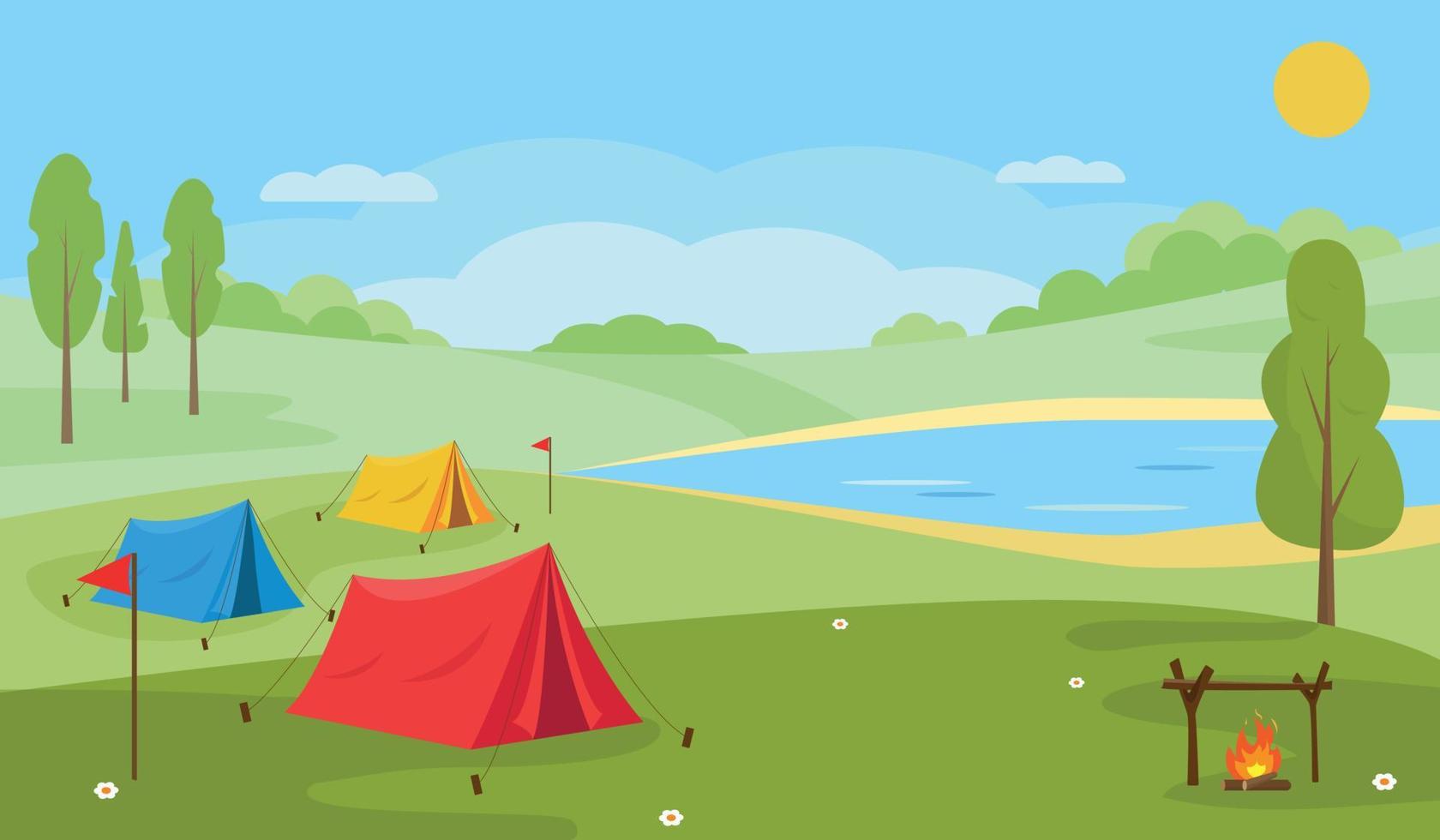 Summer Camping landscape. Countryside nature. Lake or river, trees, camping tents and bonfire. Travel, expedition, explore concept. Vector illustration.