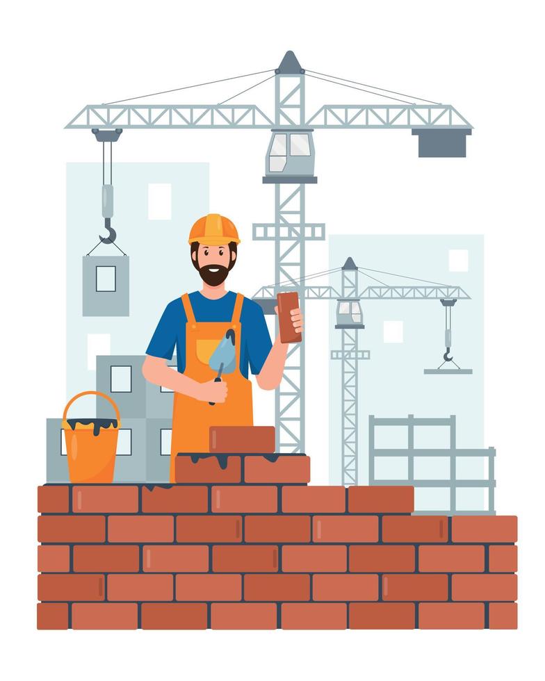 Builder or Construction Worker character on construction site with building equipment and crane. Profession people concept. Vector flat illustrations.