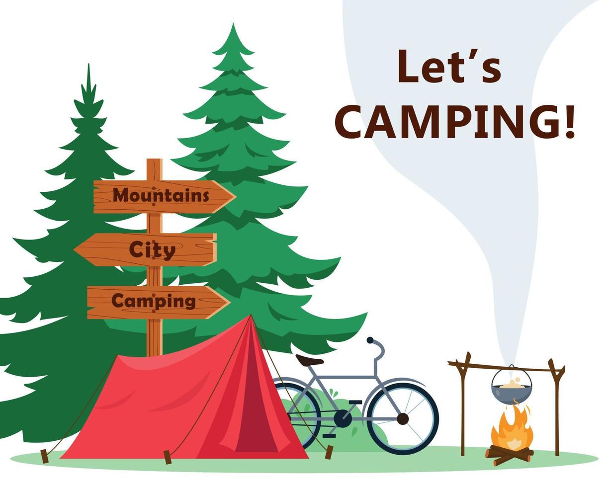 Tourist camping concept or banner. Camping tent with pointer, fir trees, bike and a bonfire. Sports, adventures in nature, recreation and tourism Vector poster flat illustration.