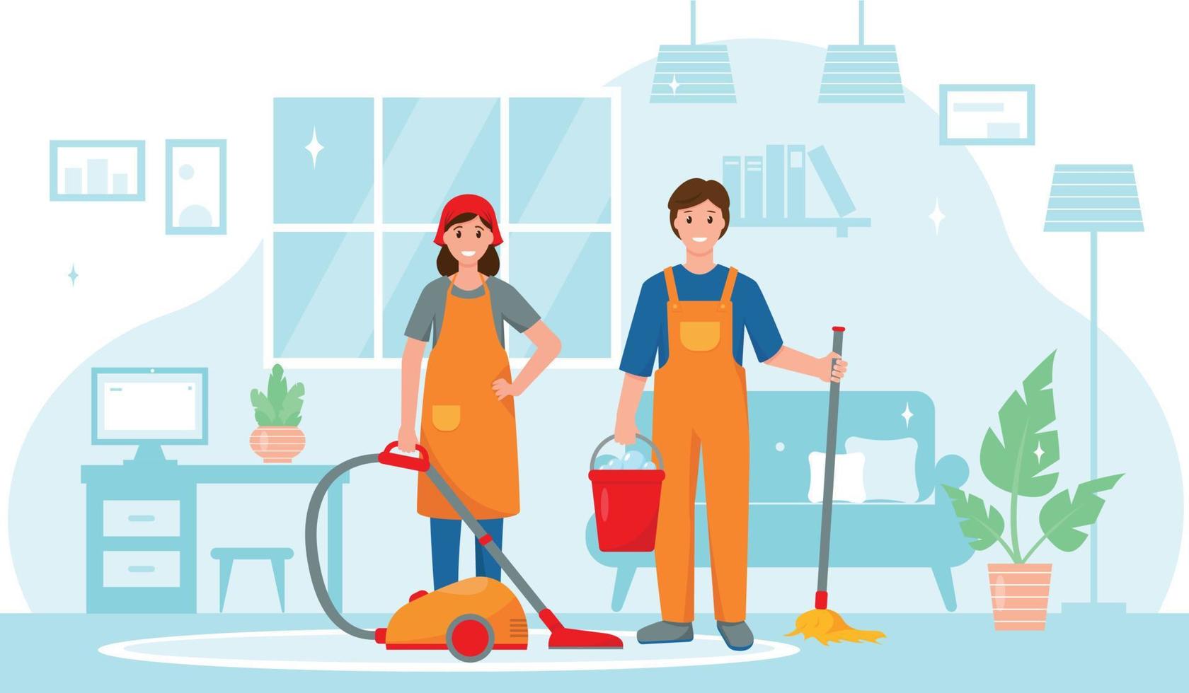 Cleaning service workers characters in house. Man with mop and bucket of water and Woman with vacuum cleaner working in room. Vector illustration on white background.