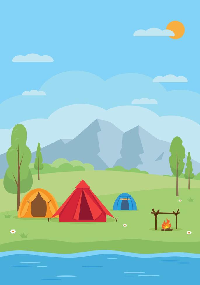 verano cámping paisaje. viajar, expedición, explorar vertical bandera o concepto. campo con montañas, lago, árboles, cámping carpas y hoguera. vector ilustración.