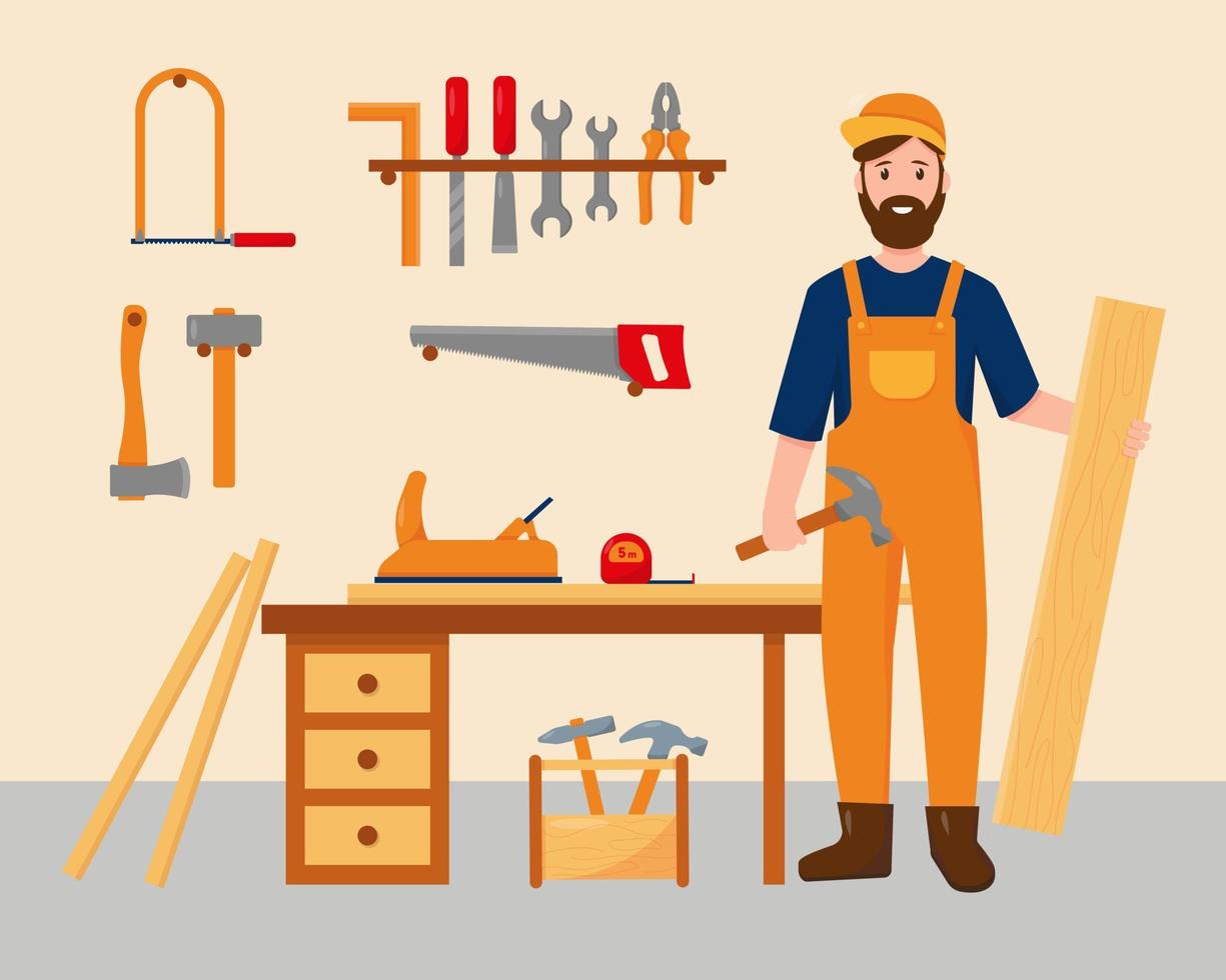 Carpenter in his workplace with work tools. Profession people concept. Carpenter character near desk with wooden boards and tools. Vector illustration.