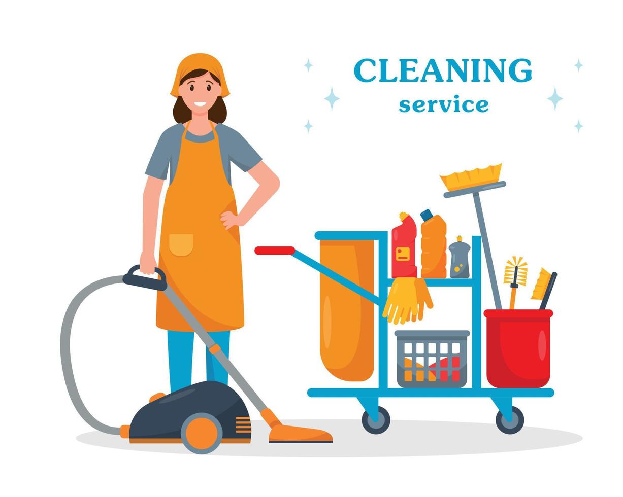 Cleaning service concept. Woman with vacuum cleaner and cleaning cart. CLeaner character with tools vector illustration on white background.